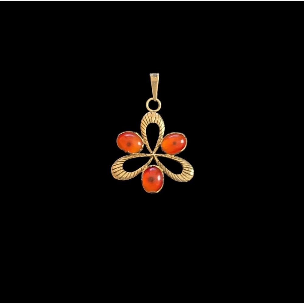 VTG Vermeil Gold Plated Silver Orange Carnelian Pendant Textured Tri-Leaf‎ MCM